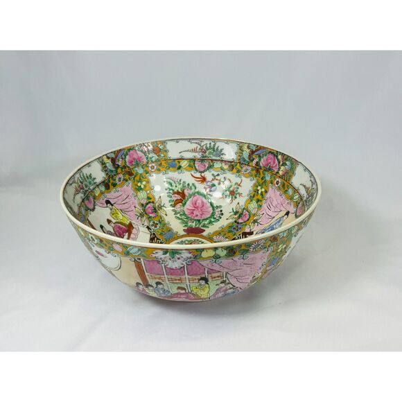 Antique Chinese Famille Rose Porcelain Hand Painted Punch Bowl 12"